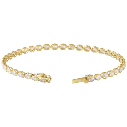Oval Demur Tennis Bracelet in 14kt yellow gold with box clasp open, perspective view