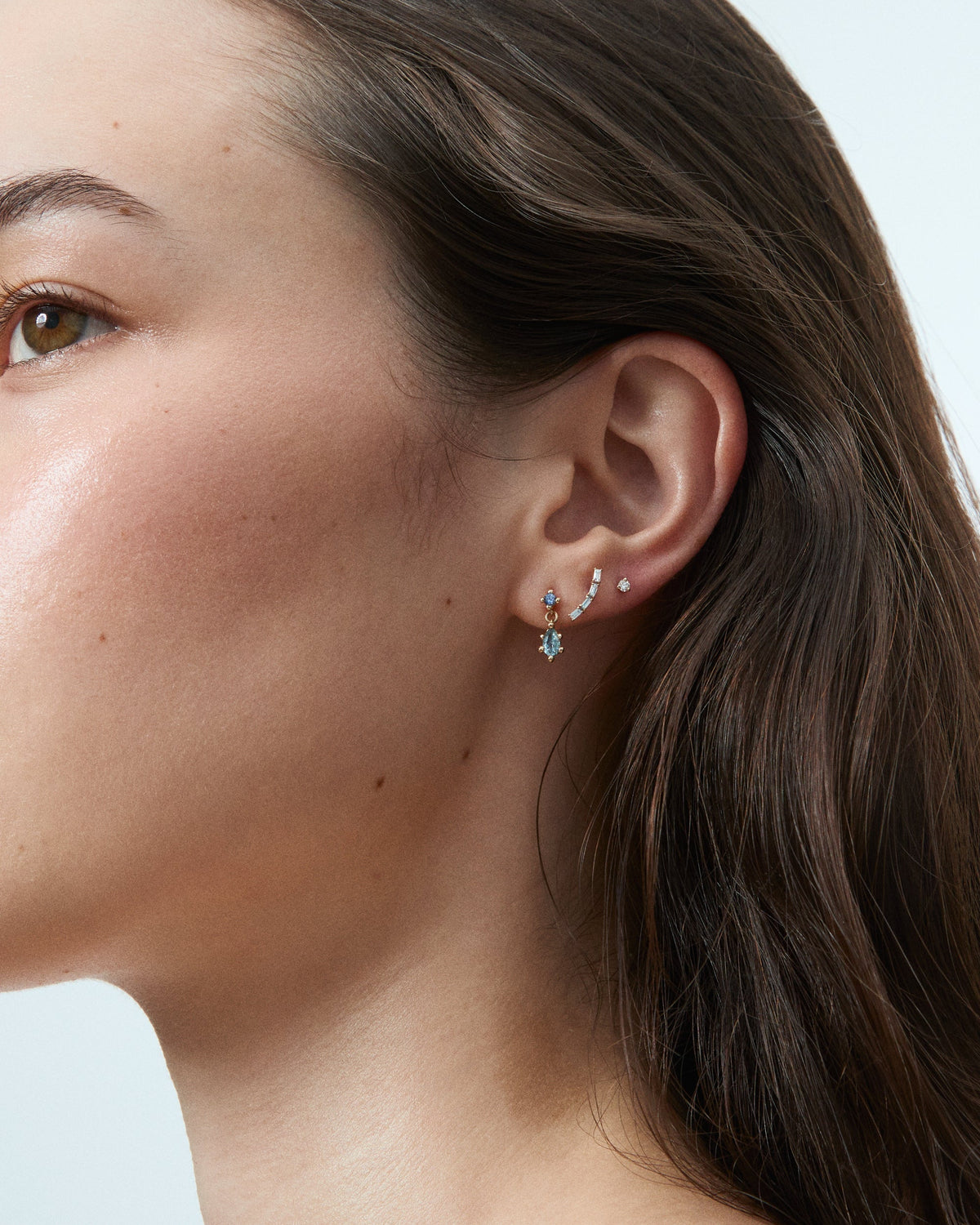 Sapphire &amp; Aquamarine Drop Earrings worn in an ear stack