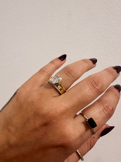 Cigar Glamour Wedding Band stacked with a diamond engagement ring