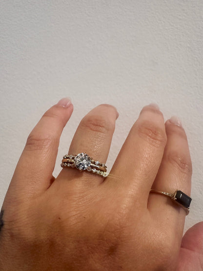 Heavenly Dew Wedding Band stacked with a round diamond engagement ring
