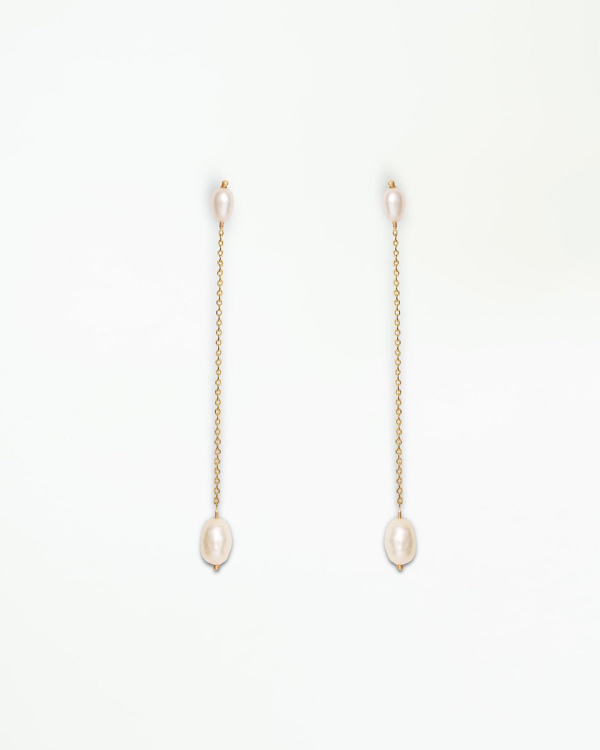 WWAKE Long Pearl Shower Earrings, freshwater pearls on a long 14kt yellow gold chain, product view
