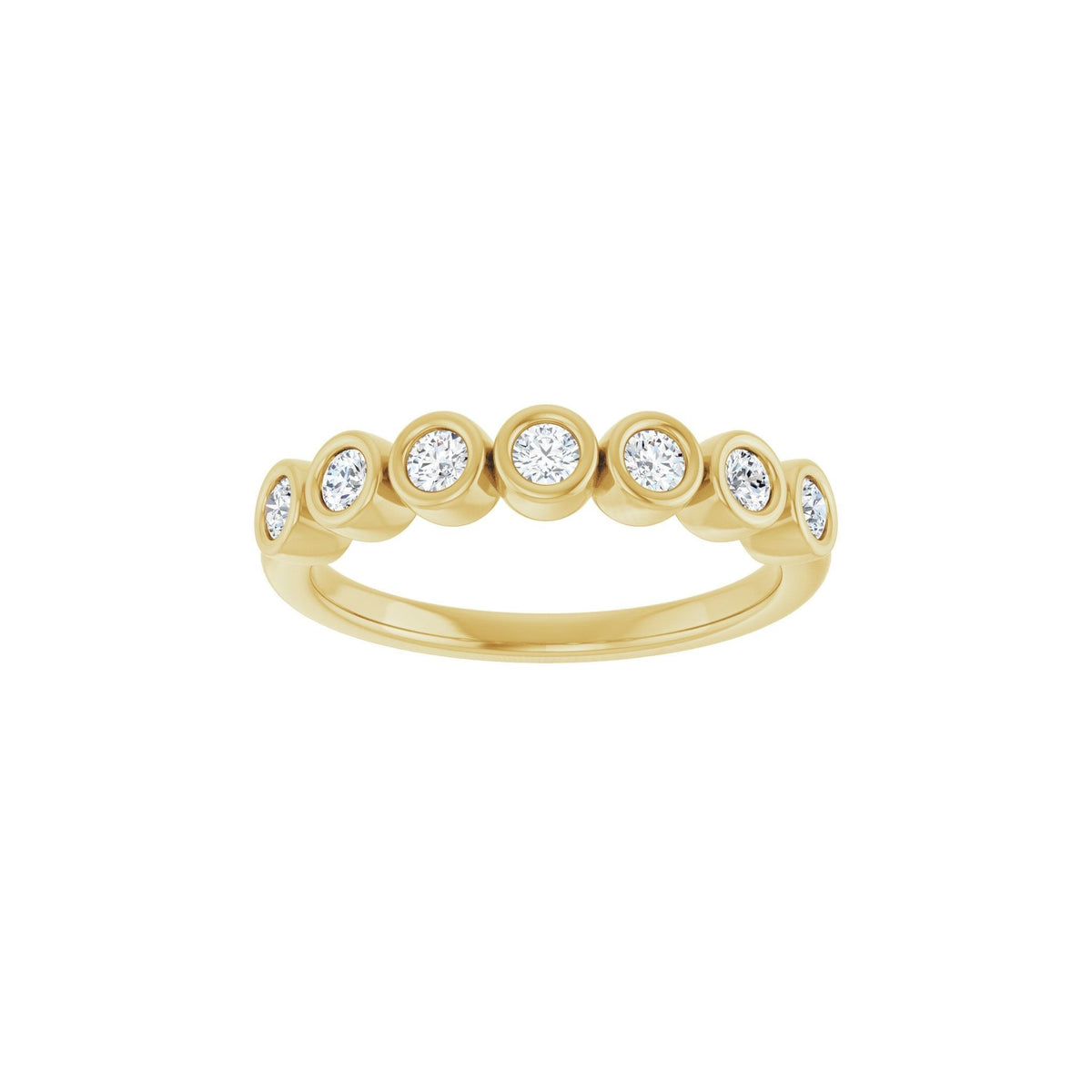 Diamond Deity wedding band in 14kt yellow gold with bezel set round diamonds, front view