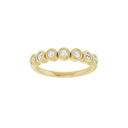 Diamond Deity wedding band in 14kt yellow gold with bezel set round diamonds, front view