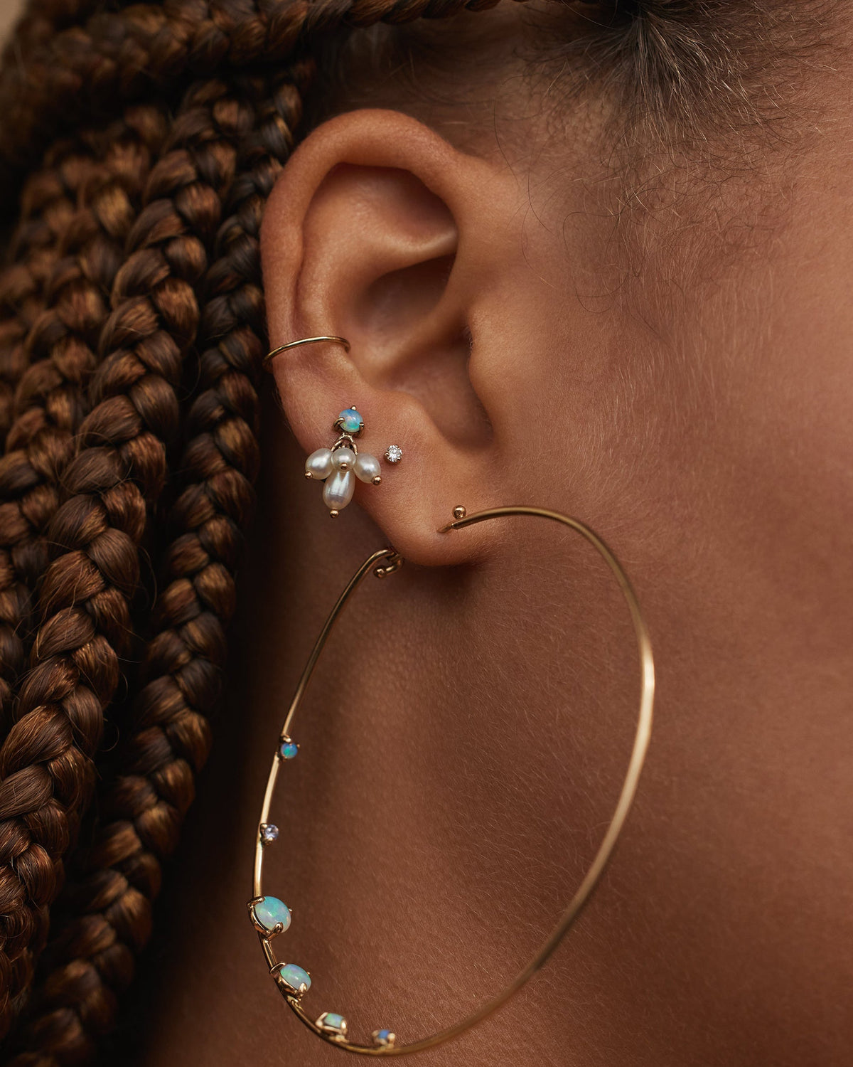 Opal &amp; Pearl Cloudburst Earrings worn with a large hoop