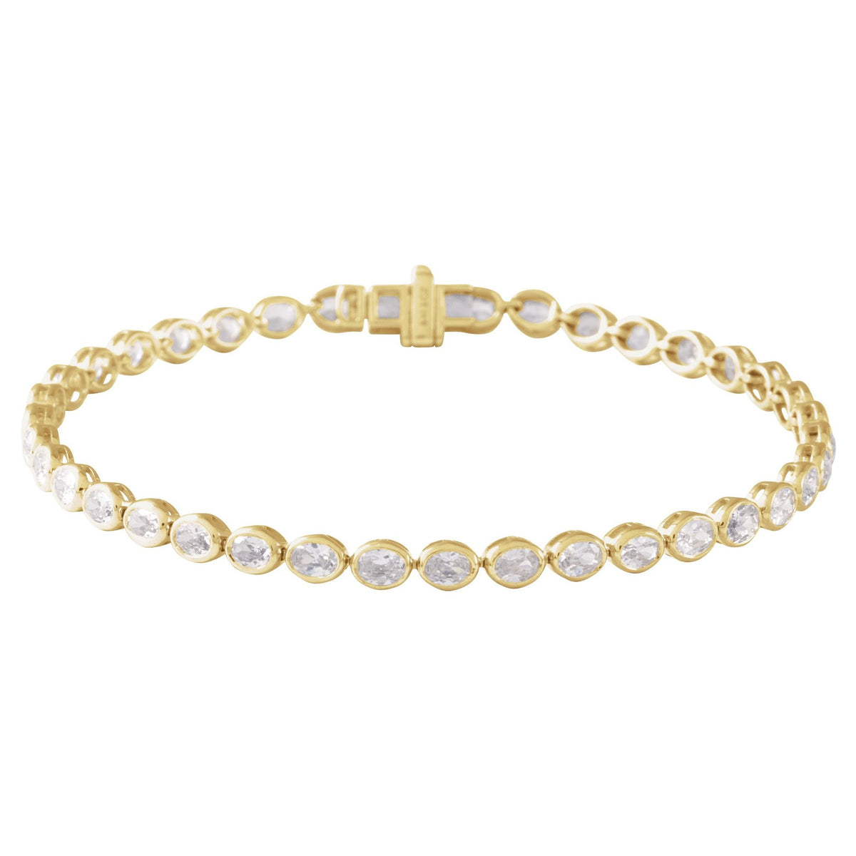 Oval Demur Tennis Bracelet in 14kt yellow gold with bezel set oval lab grown diamonds, front view