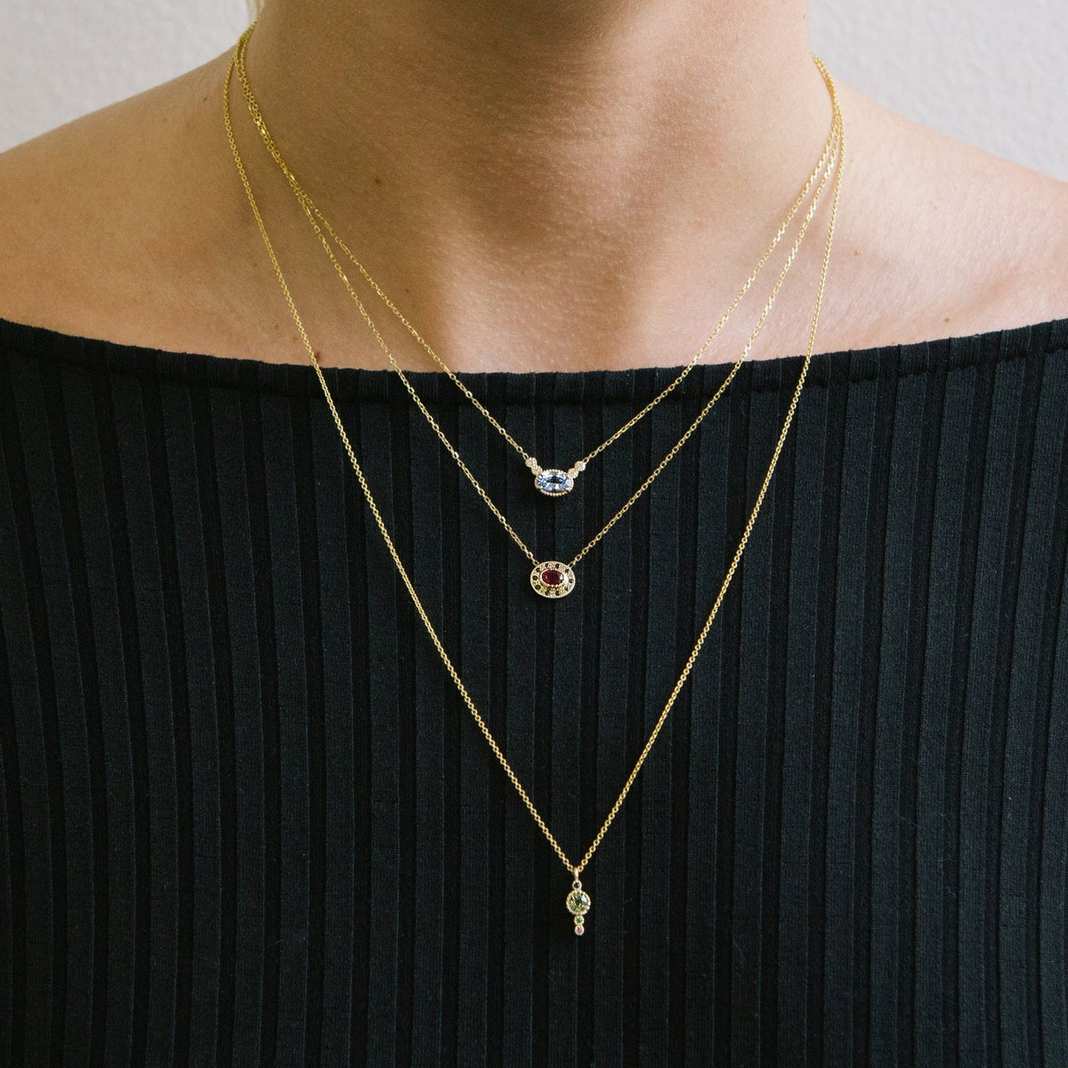 Jennie Kwon Ruby Halo Necklace worn on model