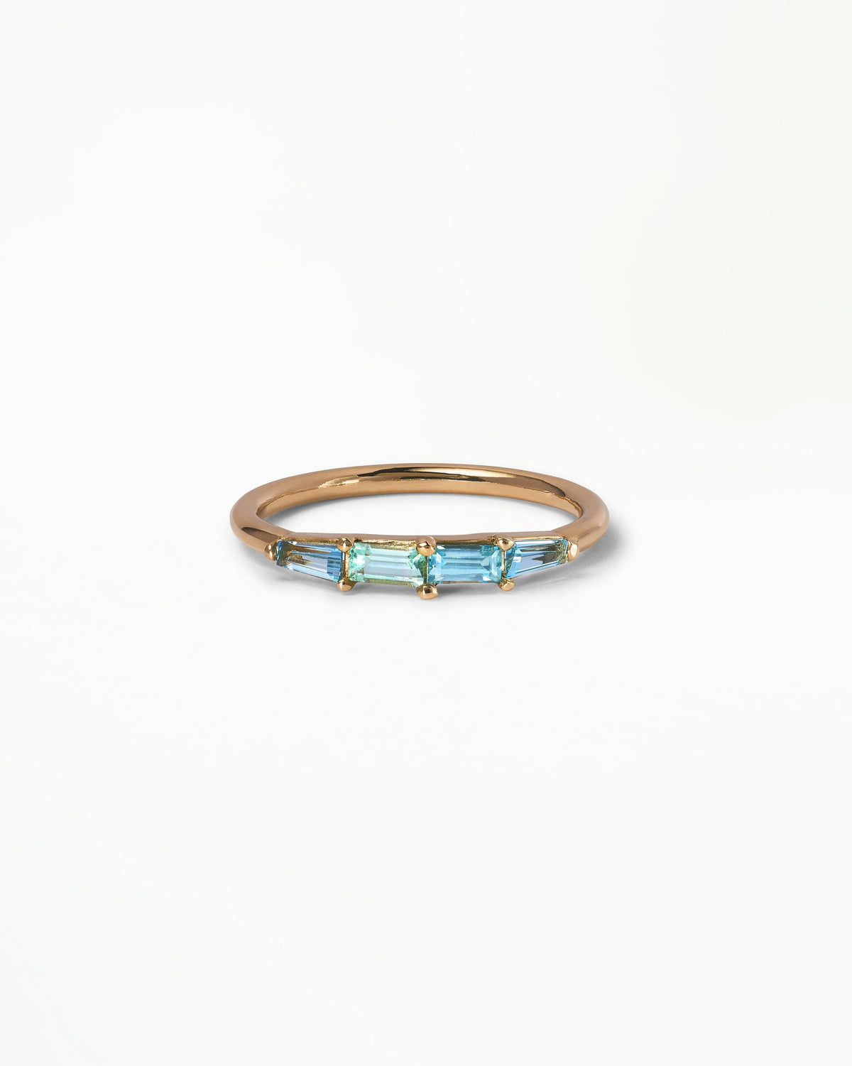 WWAKE Baguette Pool Ring with aquamarine, blue zircon and green beryl baguettes in 14kt yellow gold, product view