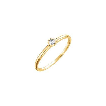 Solo Diamond Ring by Lane &amp; Kate, 14kt yellow gold stacking ring with a bezel set round diamond, perspective view