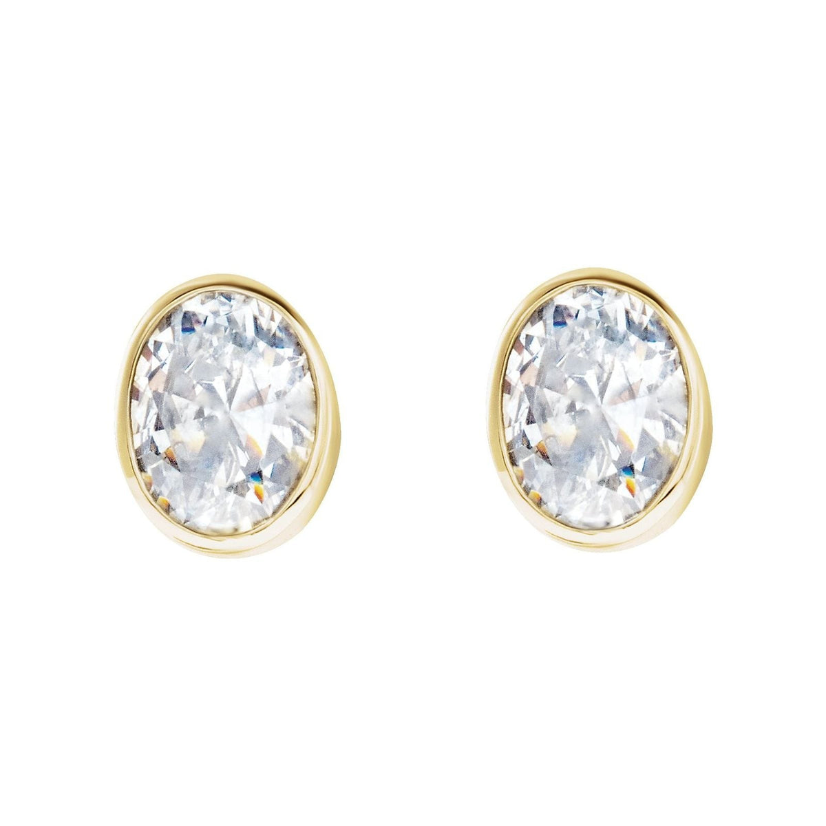 Oval Damsel Studs, bezel set oval diamond earrings in 14kt gold