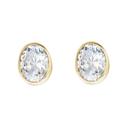 Oval Damsel Studs, bezel set oval diamond earrings in 14kt gold
