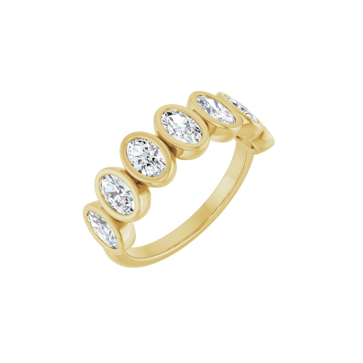 Oval Demur wedding band in 14kt yellow gold with bezel set oval diamonds, perspective view