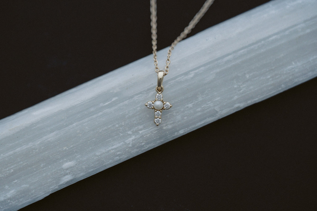 Pearl Spirituality Necklace by Lane &amp; Kate, pearl and diamond cross pendant in 14kt yellow gold