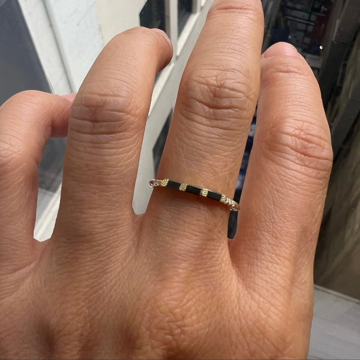 Three Black Diamond Baguette Band in 14kt yellow gold, product view 4