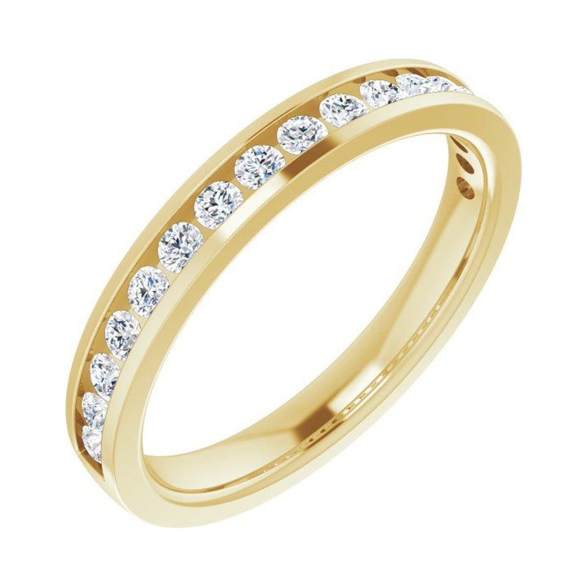 Channel Divina wedding band in 14kt yellow gold with channel set round diamonds, perspective view