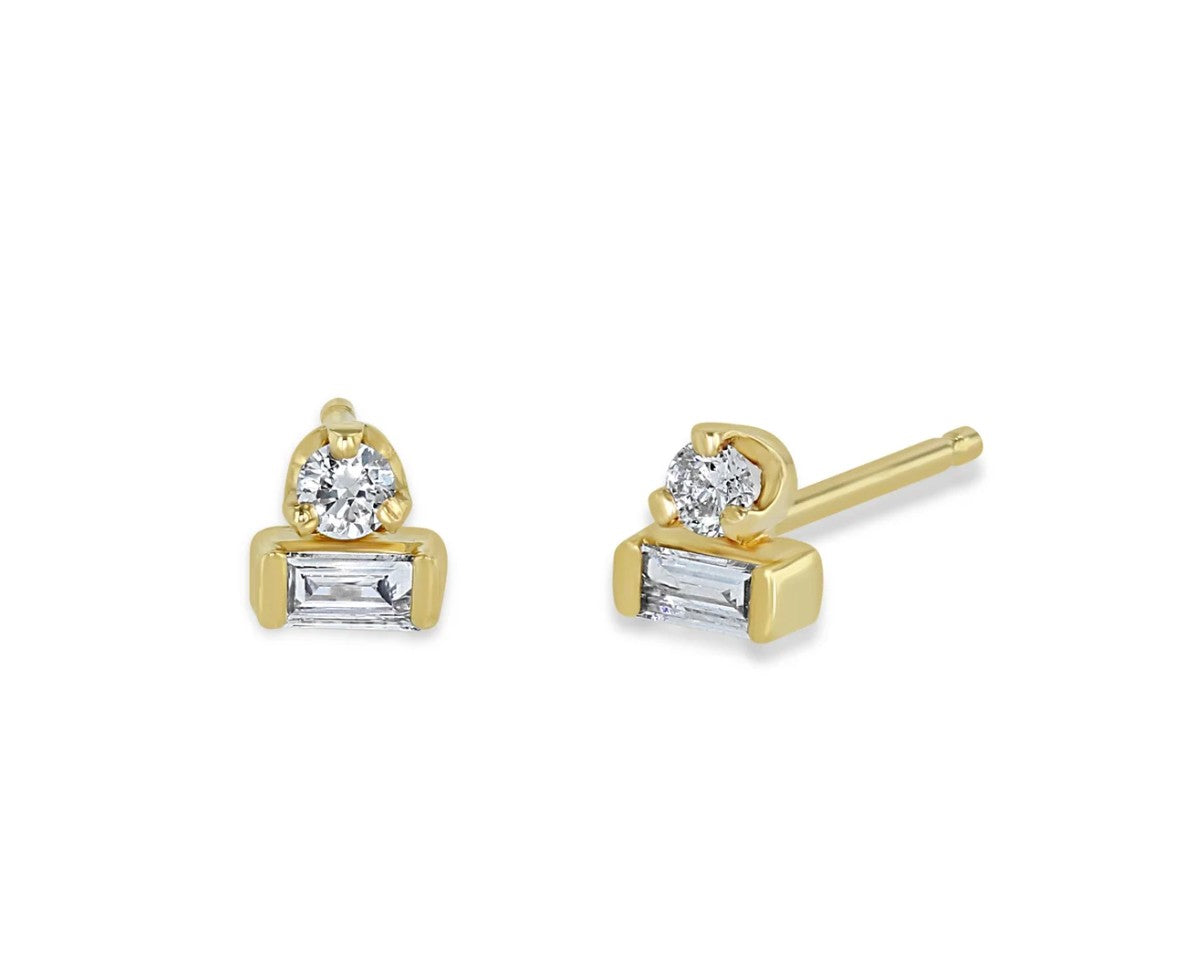 Zoe Chicco Baguette &amp; Prong Diamond Stacked Studs in 14kt yellow gold, front and side view