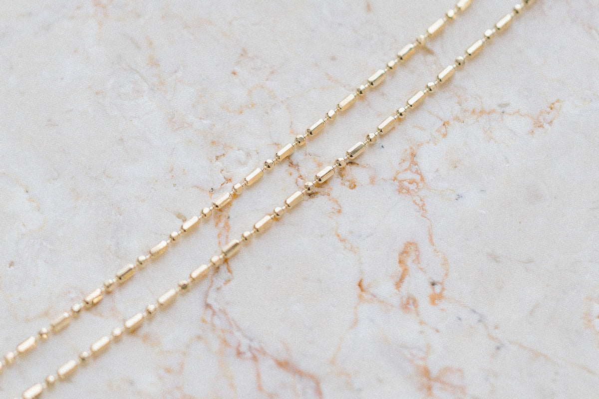 Bar &amp; Tube Petite Chain by Lane &amp; Kate, detail of the alternating bar and tube links