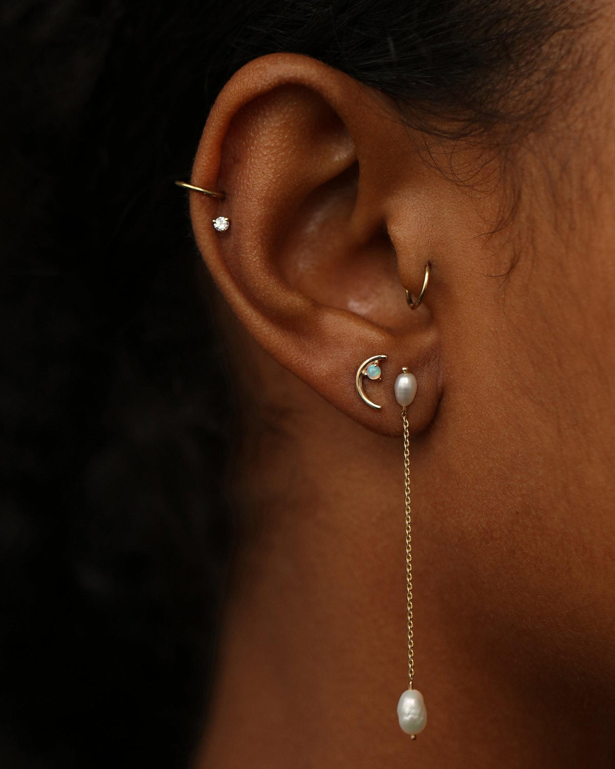 Long Pearl Shower Earrings worn, side view