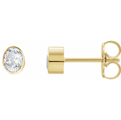 Oval Damsel Studs, bezel set oval diamond stud with friction back, side view