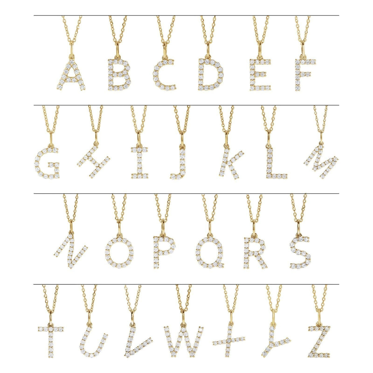All 26 petite diamond initial necklace letters, A through Z, in 14kt yellow gold