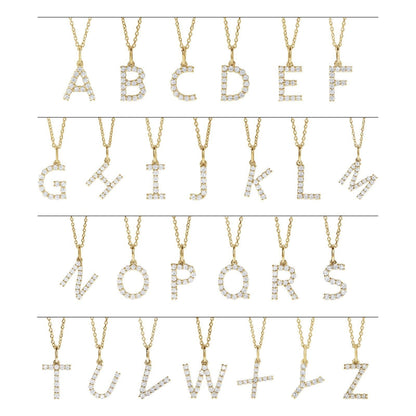 All 26 petite diamond initial necklace letters, A through Z, in 14kt yellow gold
