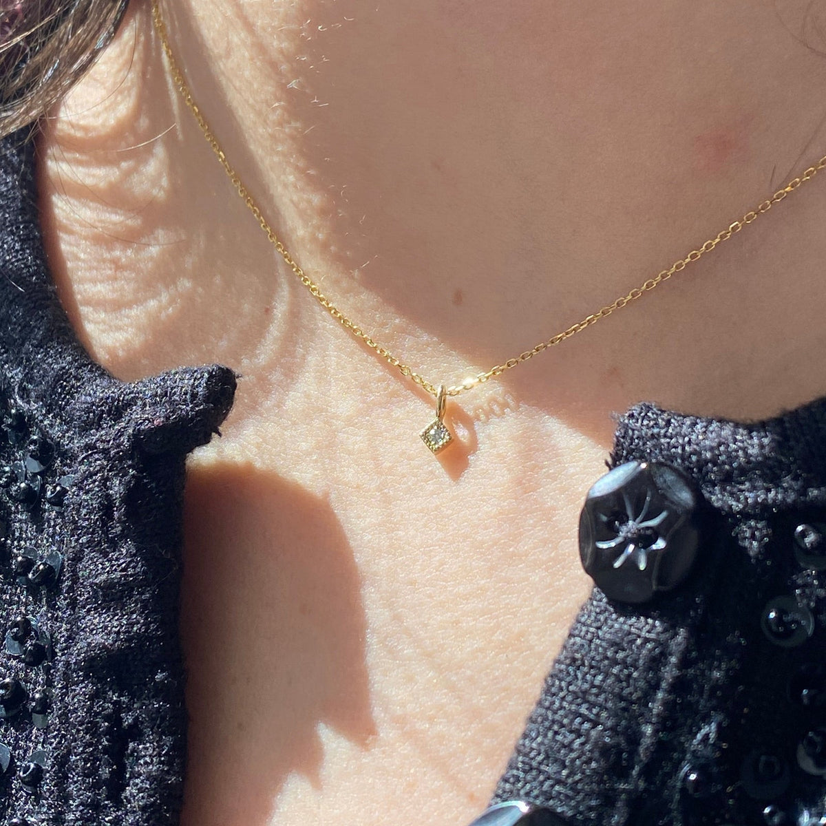 Jennie Kwon Diamond Mini Square Necklace worn on model