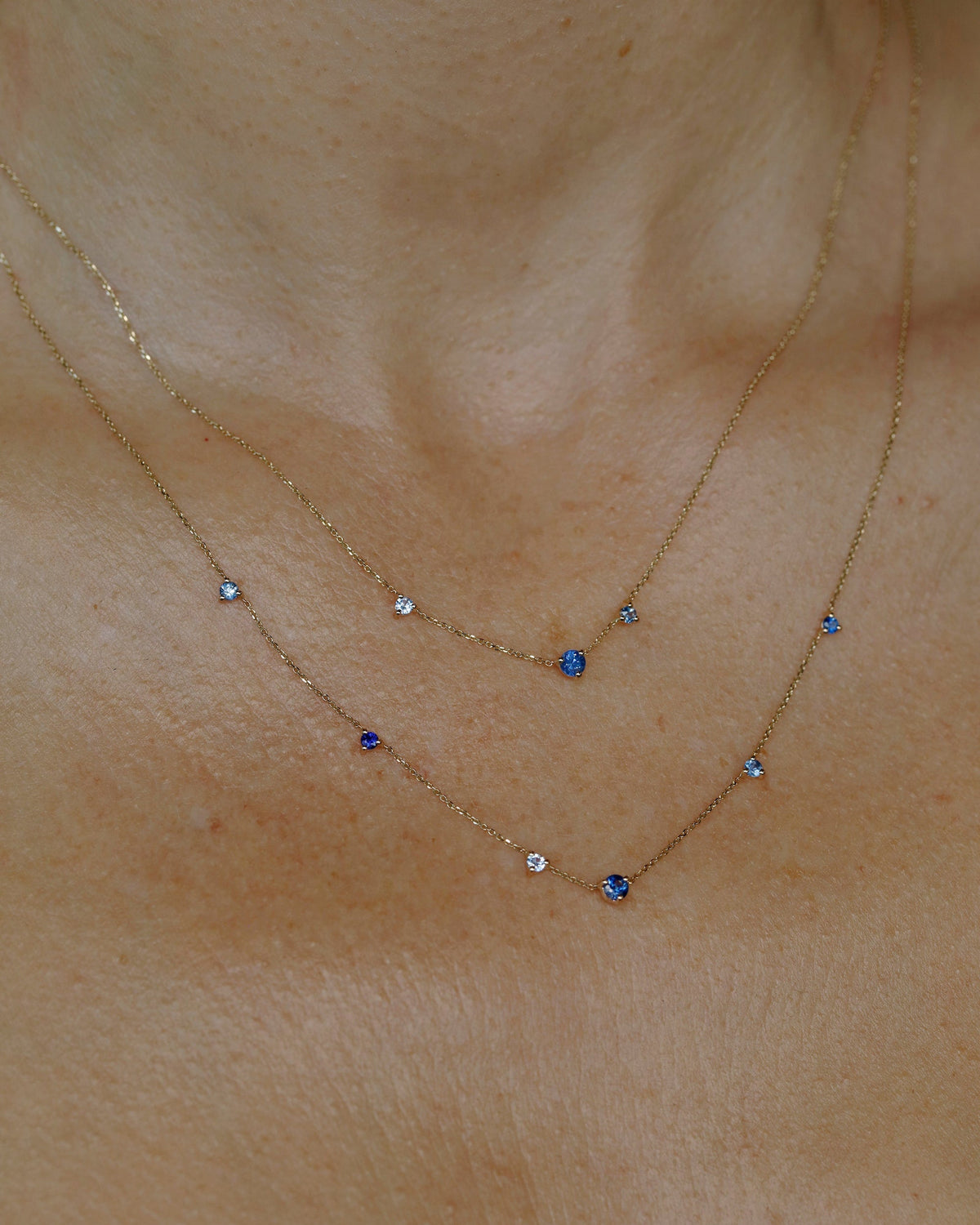 Sapphire Three Step Necklace worn layered