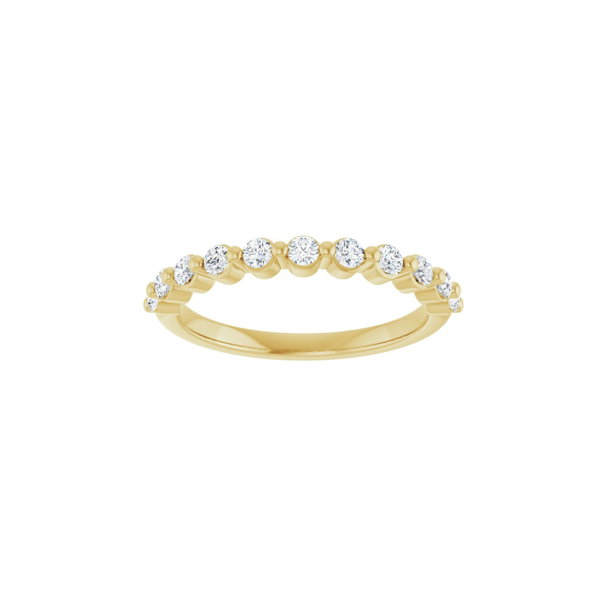 Diamond Dew wedding band in 14kt yellow gold with prong set round diamonds, front view