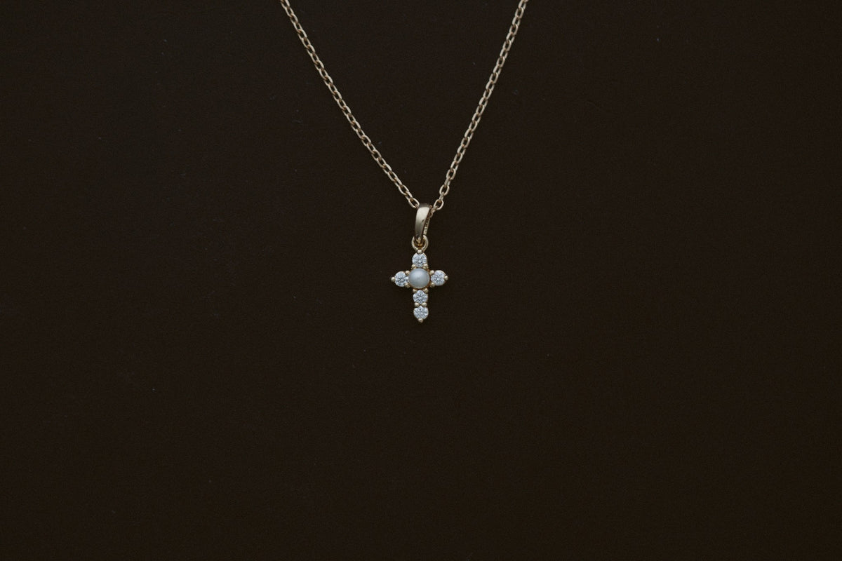 Pearl Spirituality Necklace by Lane &amp; Kate, close up of the pearl and diamond cross