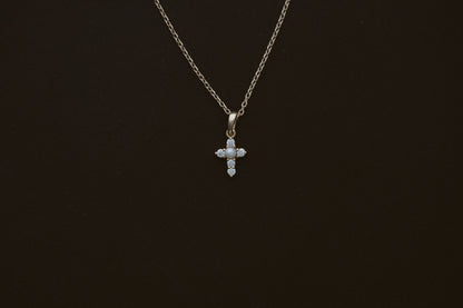 Pearl Spirituality Necklace by Lane &amp; Kate, close up of the pearl and diamond cross