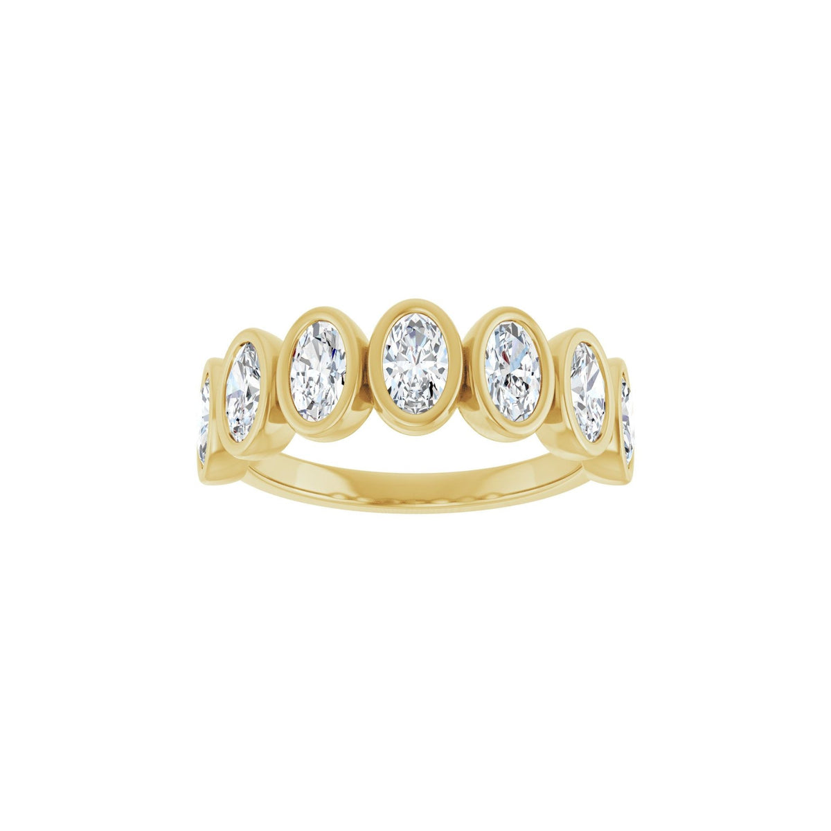 Oval Demur wedding band in 14kt yellow gold with bezel set oval diamonds, front view