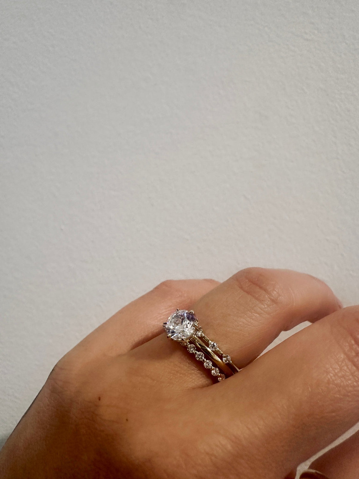 Heavenly Dew Wedding Band as a bridal stack, side angle