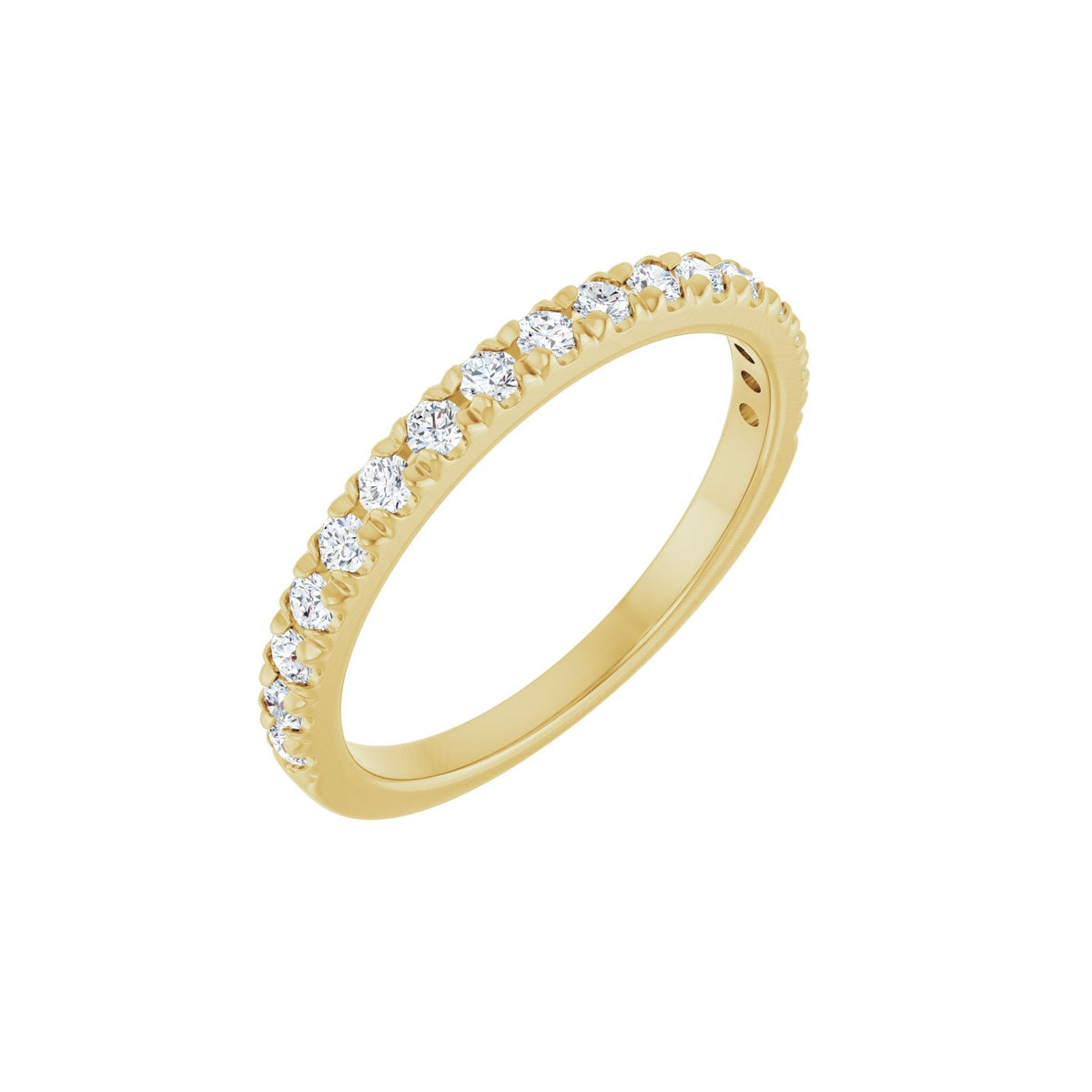 Classic Diamond wedding band in 14kt yellow gold with French set round diamonds, perspective view