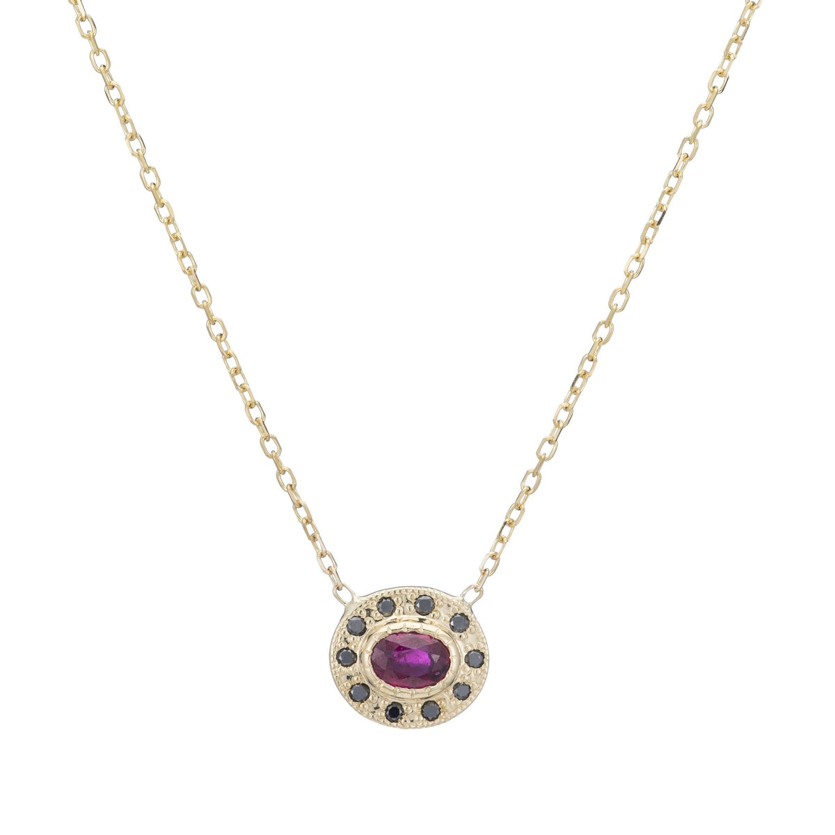 Jennie Kwon Ruby Halo Necklace in 14kt yellow gold with black diamond halo