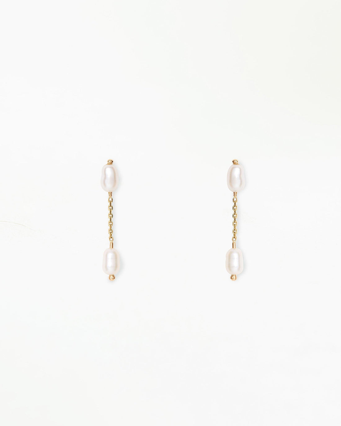WWAKE Pearl Shower Earrings, two freshwater pearls on a short 14kt yellow gold chain, product view