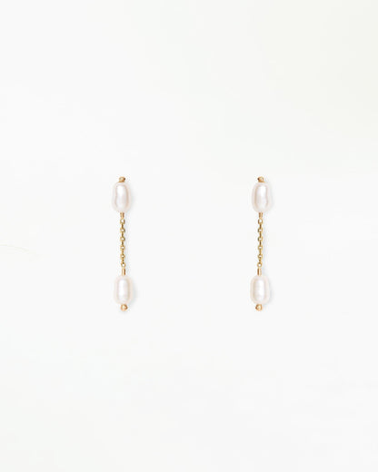 WWAKE Pearl Shower Earrings, two freshwater pearls on a short 14kt yellow gold chain, product view