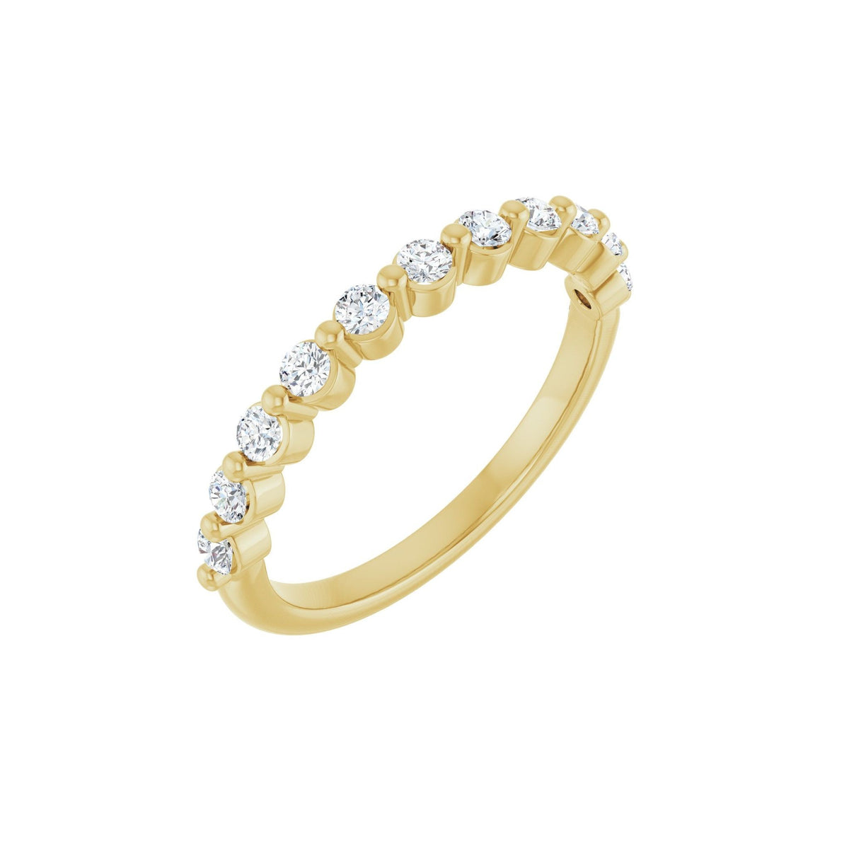 Diamond Dew wedding band in 14kt yellow gold with prong set round diamonds, perspective view