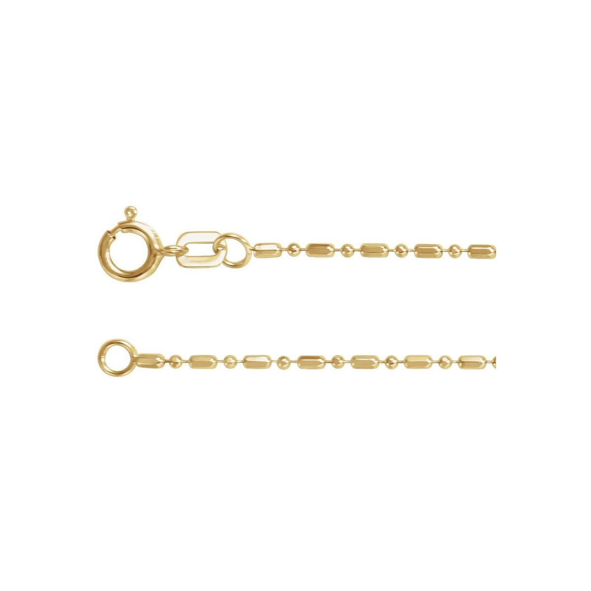 Close up of 14kt yellow gold alternating bar and bead chain bracelet with spring ring clasp