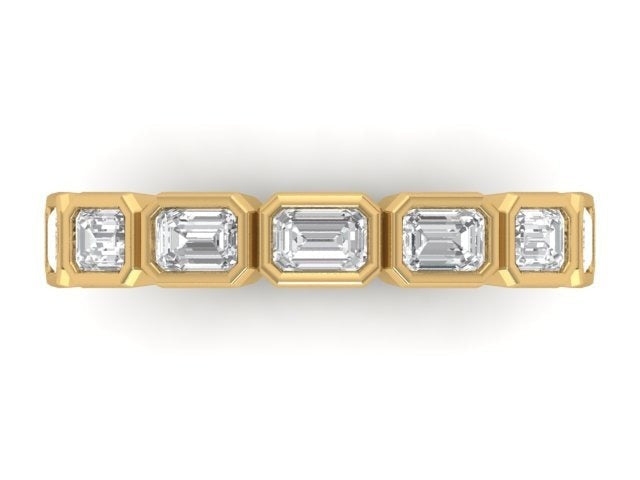 Diamond Manifestations Wedding Band in 14kt yellow gold with east to west emerald cut diamonds in bezel settings, top view