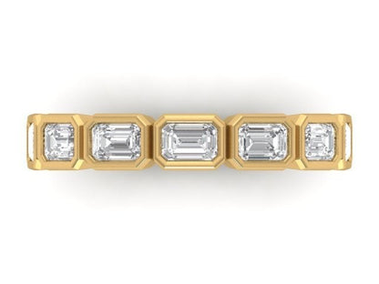 Diamond Manifestations Wedding Band in 14kt yellow gold with east to west emerald cut diamonds in bezel settings, top view
