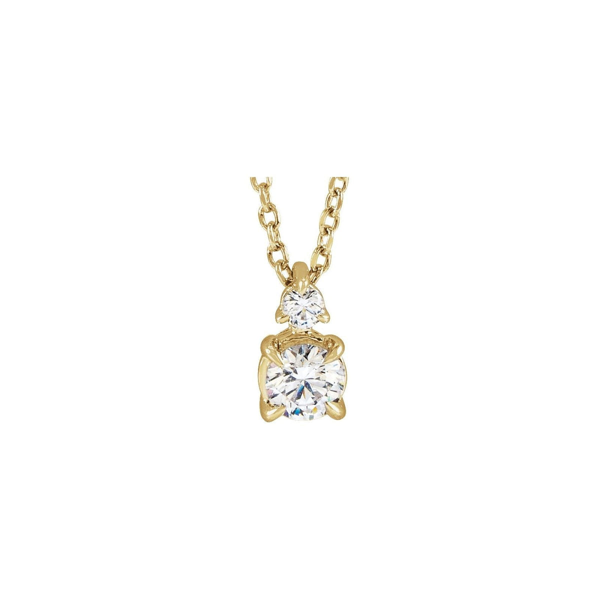 14kt yellow gold claw prong lab grown diamond pendant with a petite diamond above, front view