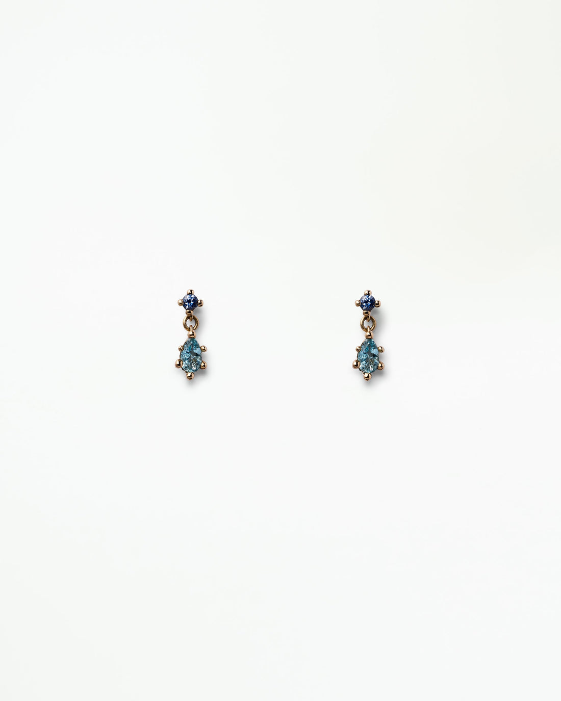 WWAKE Sapphire &amp; Aquamarine Drop Earrings, a pear aquamarine below a round blue sapphire in 14kt yellow gold, product view