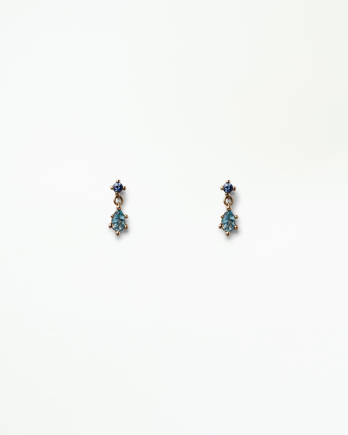 WWAKE Sapphire &amp; Aquamarine Drop Earrings, a pear aquamarine below a round blue sapphire in 14kt yellow gold, product view