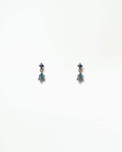WWAKE Sapphire &amp; Aquamarine Drop Earrings, a pear aquamarine below a round blue sapphire in 14kt yellow gold, product view