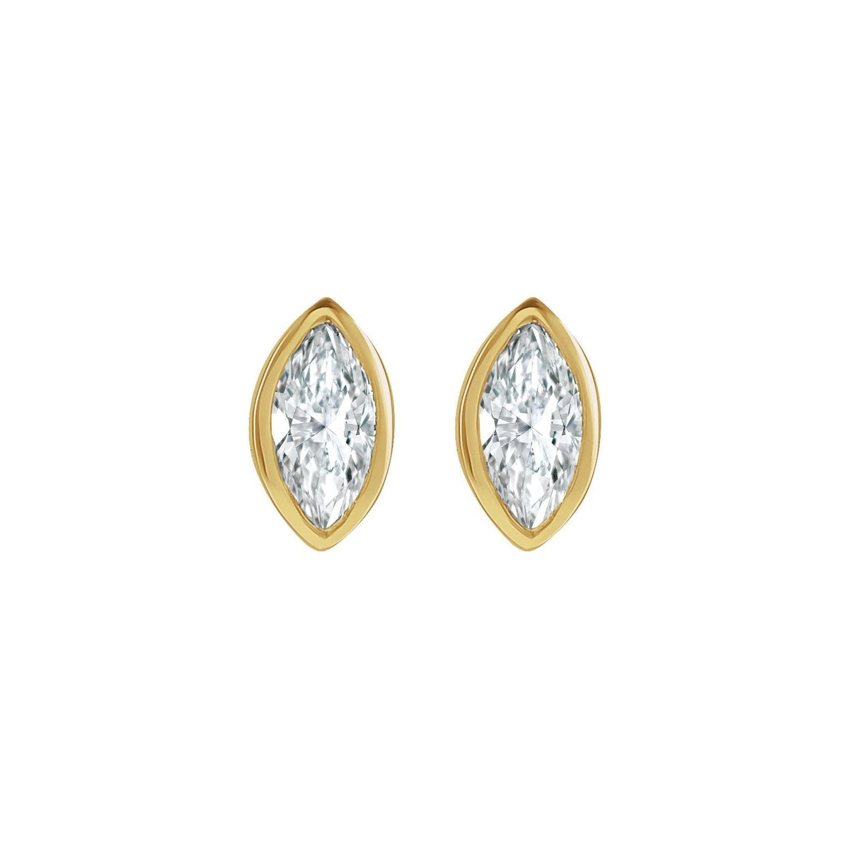 BB Marquise Dew Drops, bezel set marquise diamond studs in 14kt yellow gold, front view