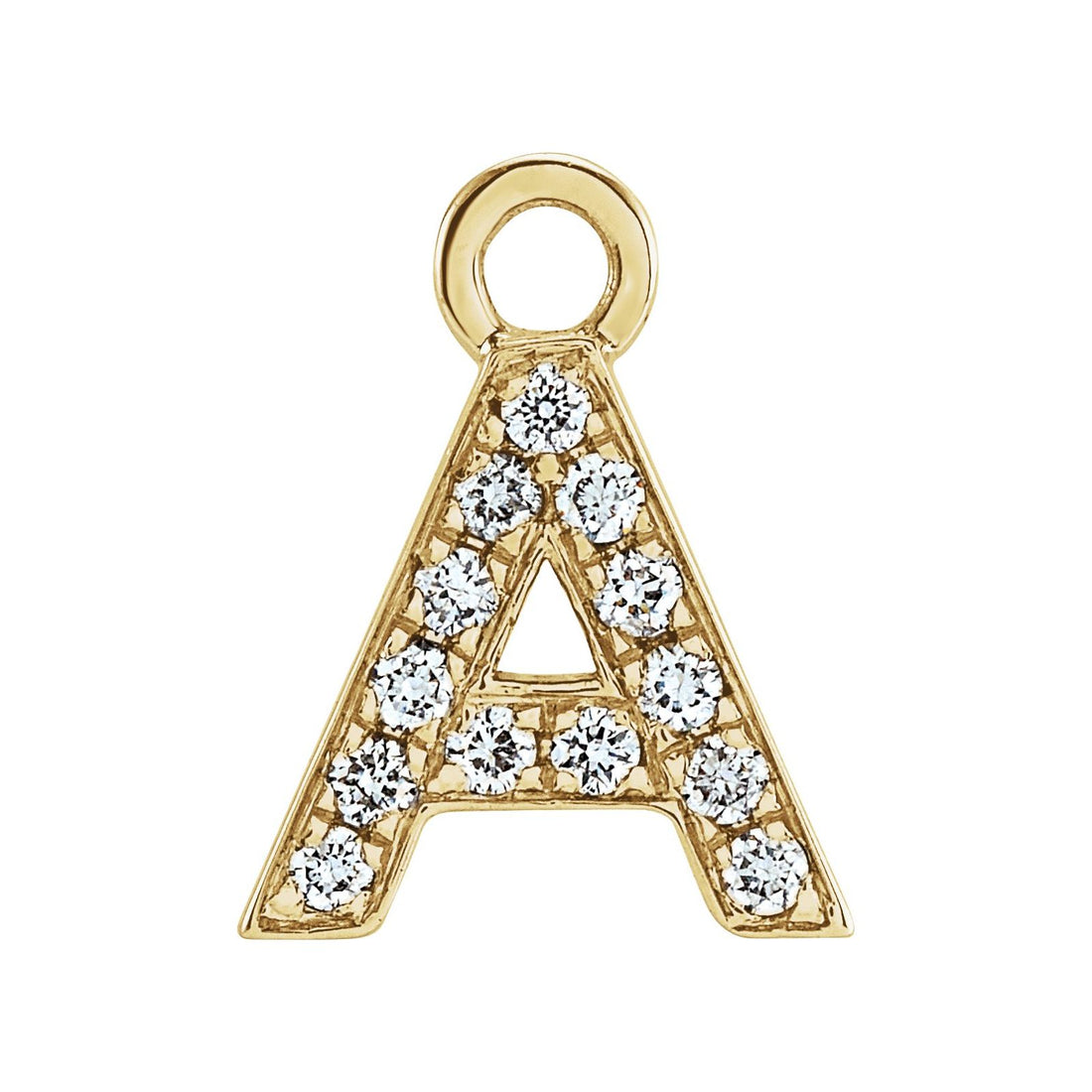 14kt yellow gold petite pavé diamond initial A charm, front view