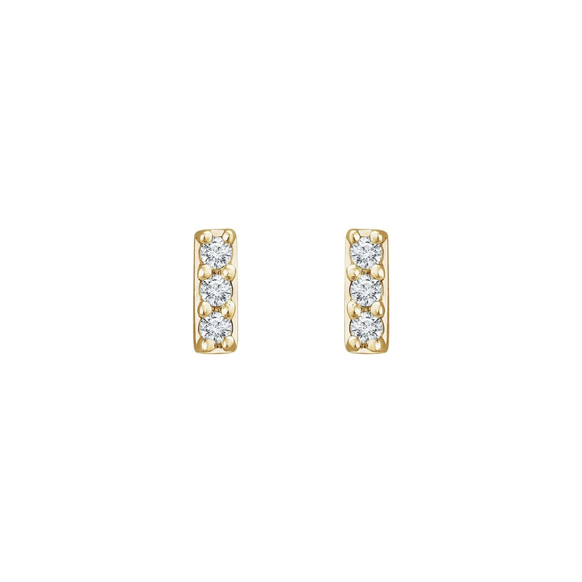 BB Three Diamond Bars, diamond bar studs in 14kt yellow gold, front view