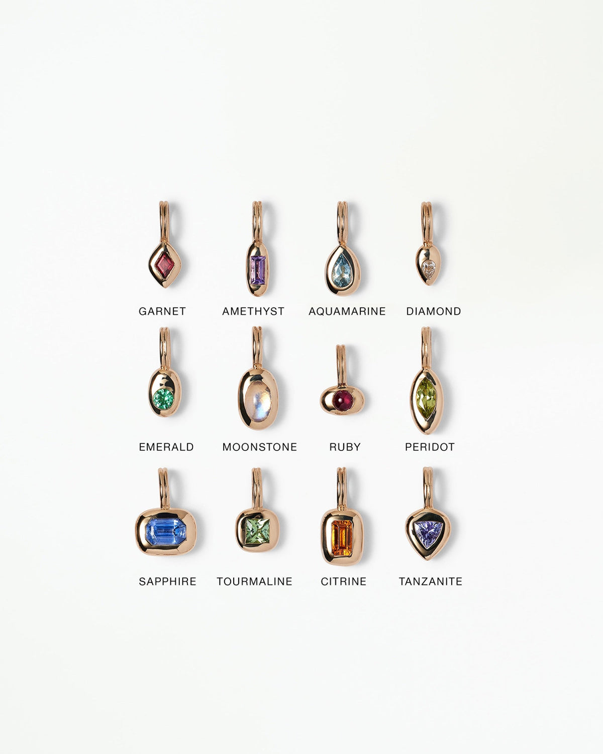 WWAKE Tempo birthstone pendant guide showing all twelve birthstones