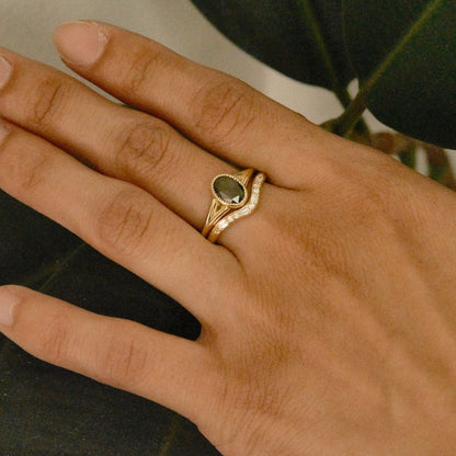 Jennie Kwon Diamond Staccato Wave Band with baguette and round diamonds in 14kt yellow gold, styled view
