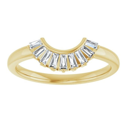 Baguette Rivers Contour Wedding Band, front view of tapered baguette diamond arc