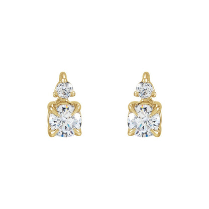 Horizon Diamond Studs, two stone lab grown diamond earrings in 14kt gold